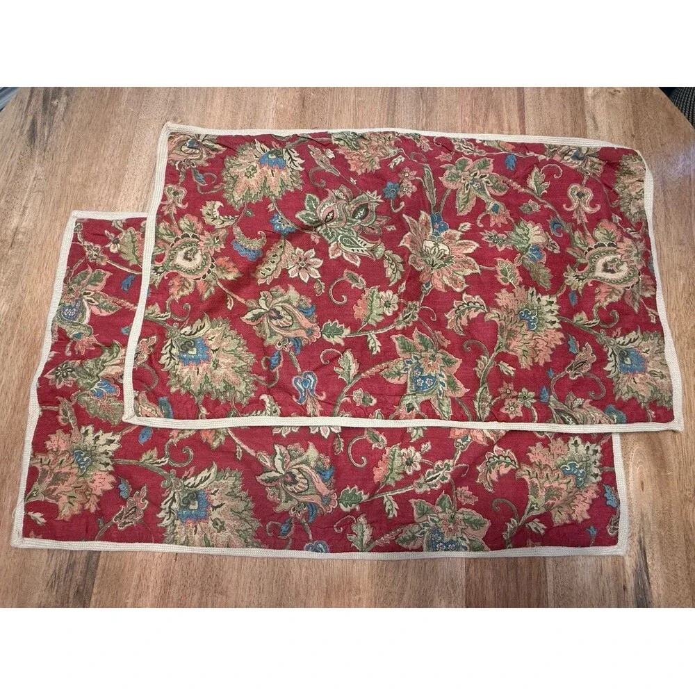 Chaps Annabelle 2 King Shams Red Jacobean Floral Paisley Jute Trim